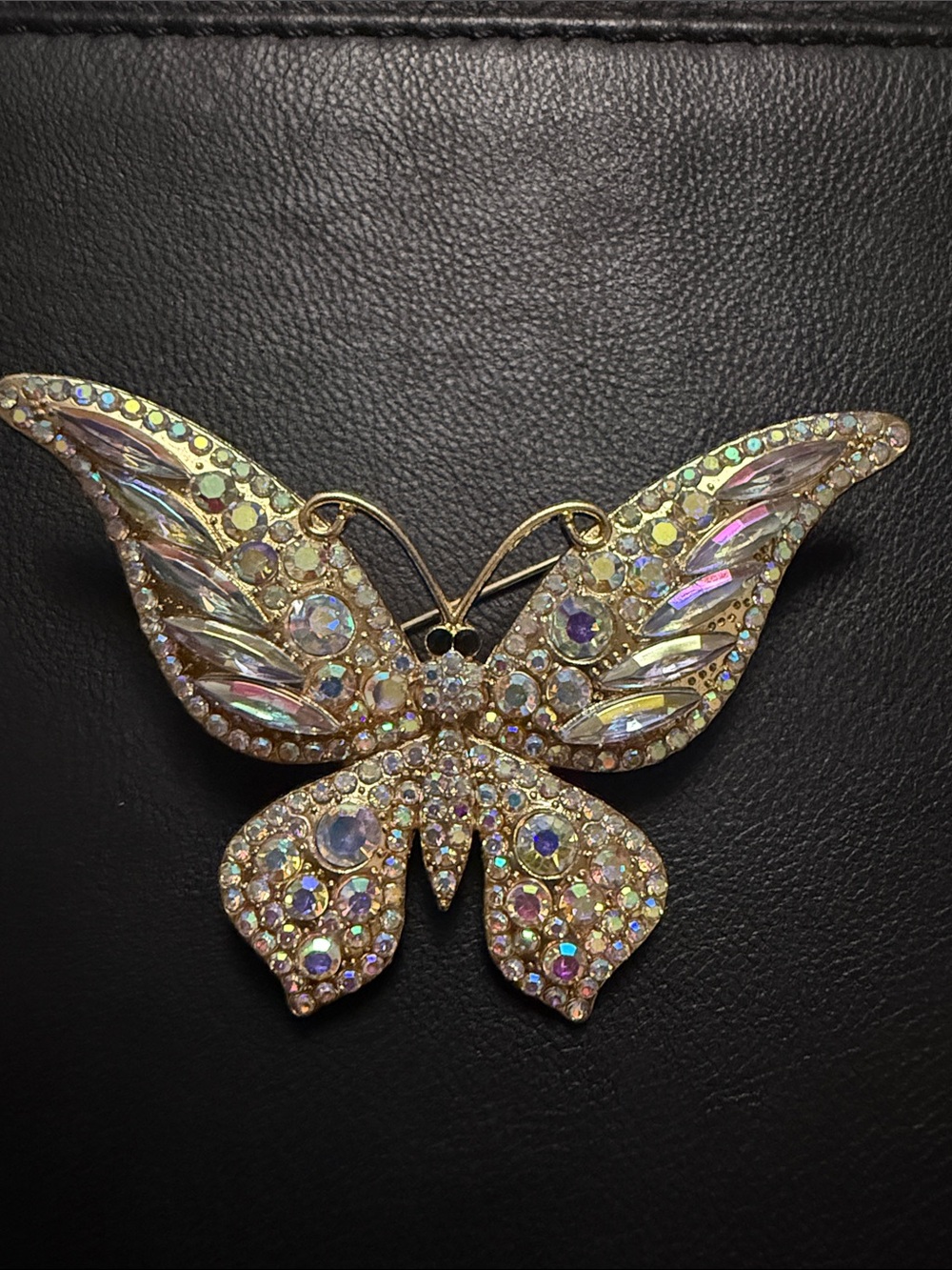 Iridescent Crystal Butterfly Brooch - Gold-Tone
